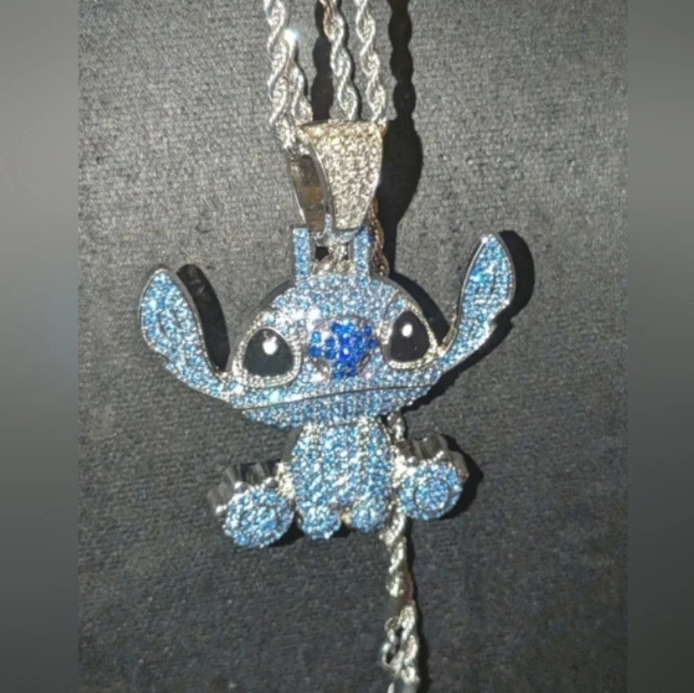 Stitch Character Rhinestone Pendant On Silver Tone Hip Hop Necklace 24